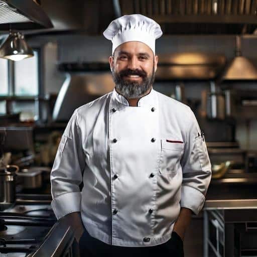 About Me 1 Firefly Chef standing in a professional kitchen. He is wearing a white chef s jacket and a chef s ha transformed