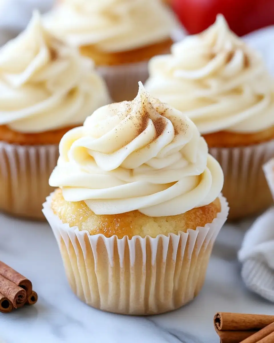 Close-up of vanilla cupcakes topped with swirled frosting and cinnamon