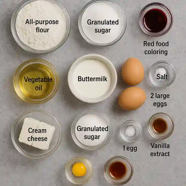  Ingredients for red velvet dessert including flour, sugar, eggs, cream cheese, and food coloring