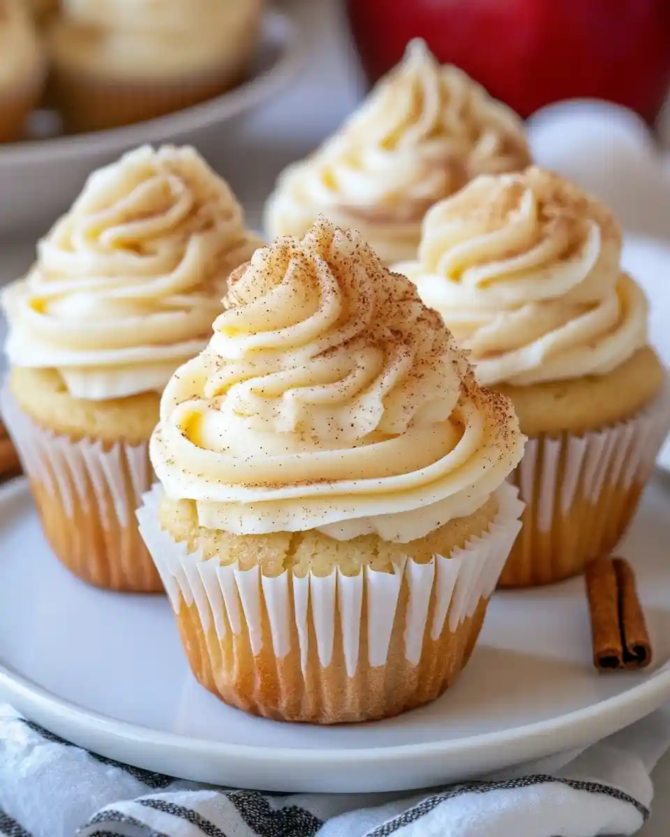 Frosted vanilla cupcakes topped with cinnamon on white plate