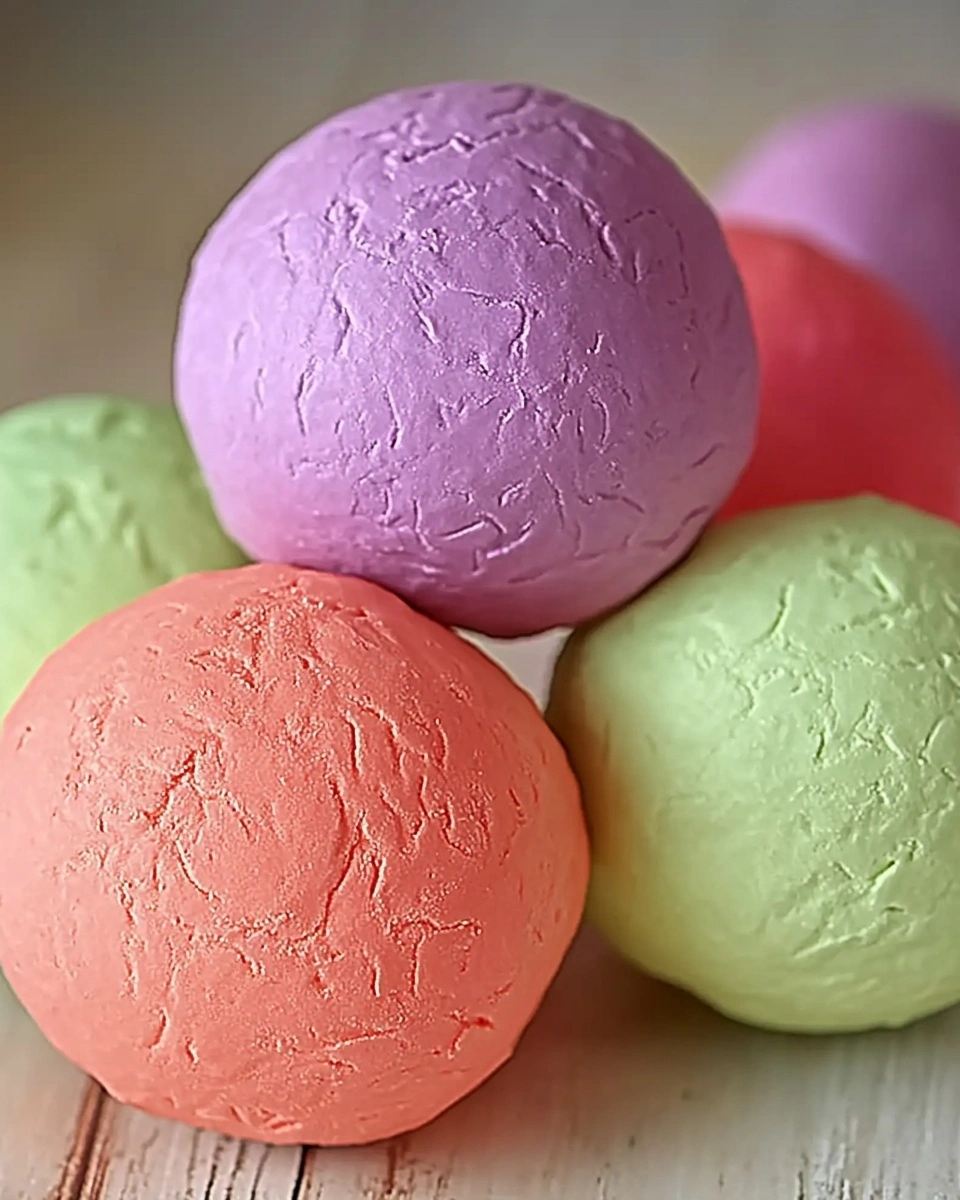 Colorful Mochi Ice Cream Scoops Pastel-colored mochi ice cream balls stacked on a light wooden surface