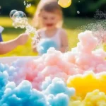 Make Playtime Magical with DIY Bubble Foam Play 5 Children playing outdoors with floating bubbles and colorful pastel foam in shades of pink, blue, and yellow.