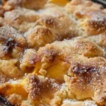 Peach Cobbler Recipe 5 Freshly baked peach cobbler in a glass dish, golden and bubbling with sugar-dusted crust and juicy peach slices