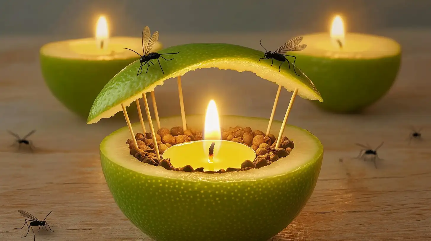 Keep Bugs at Bay: DIY Mosquito Repellent Candle with Lime 4 Close-up of a DIY mosquito repellent candle made from a green fruit shell with a tea light, surrounded by seeds and toothpicks, with mosquitoes on the lid.