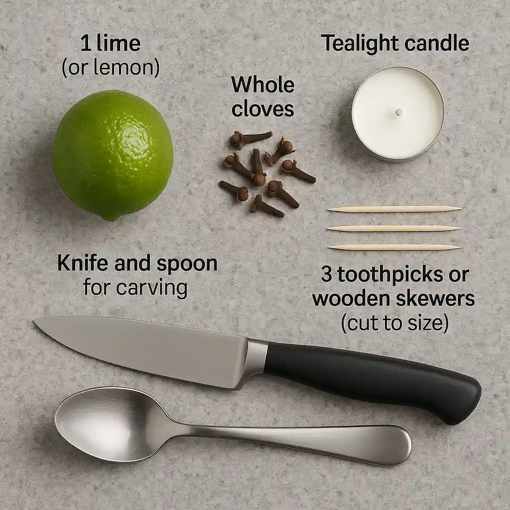 DIY Mosquito Repellent Candle Materials DIY kit for making a mosquito repellent candle, including a lime, cloves, tealight candle, toothpicks, knife, and spoon arranged on a gray surface.