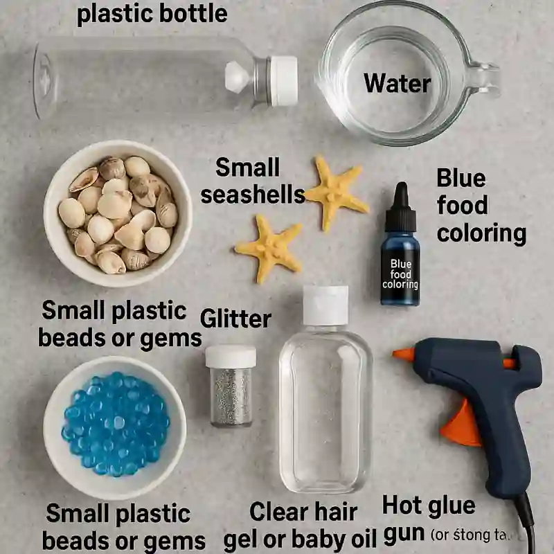 DIY Sensory Bottle Supply Checklist Flat lay of DIY sensory bottle materials including a plastic bottle, water, blue food coloring, small seashells, beads, glitter, hair gel or baby oil, and a hot glue gun.