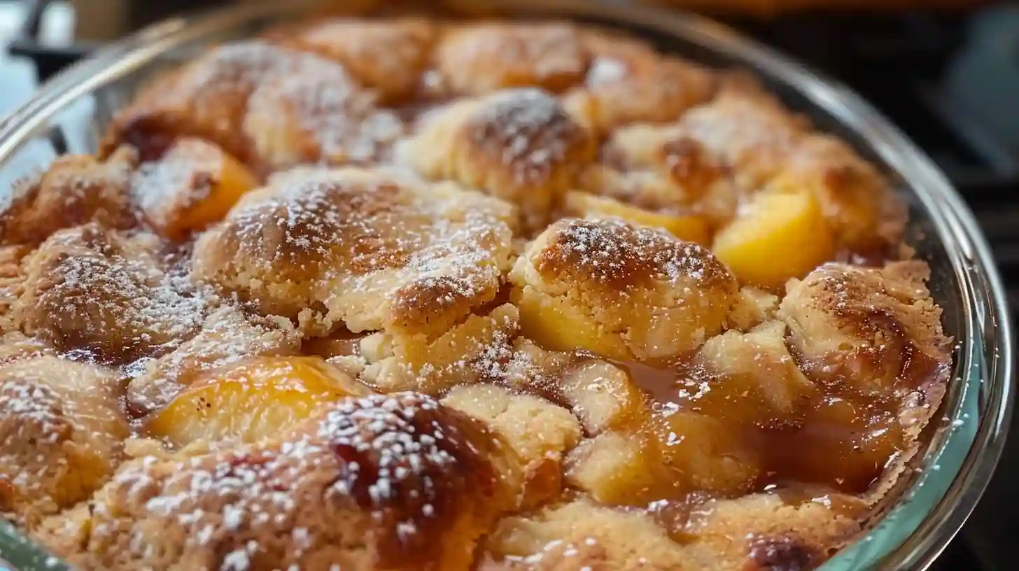 Peach Cobbler Recipe 4 Freshly baked peach cobbler in a glass dish, with golden-brown crust and powdered sugar dusting.