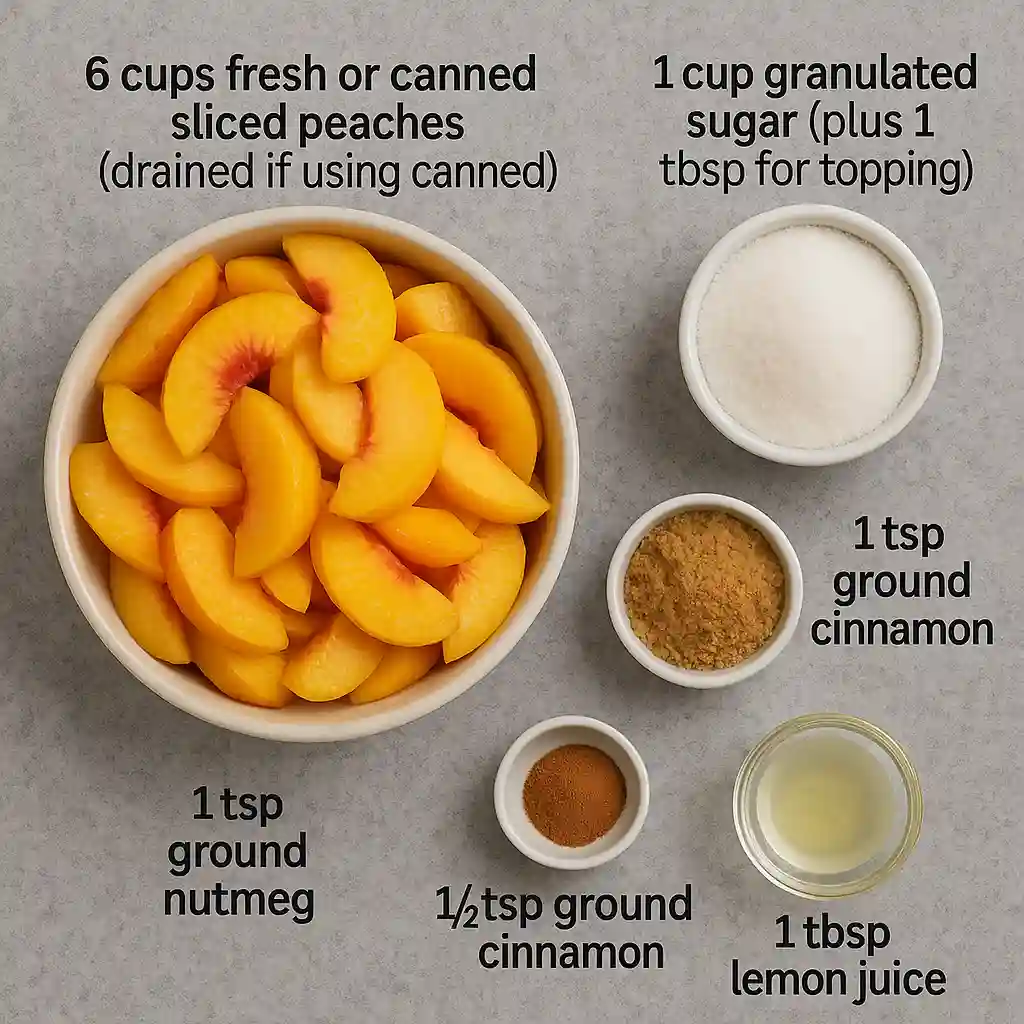 Ingredients for Homemade Peach Cobbler Filling Ingredients for peach cobbler including sliced peaches, sugar, cinnamon, nutmeg, and lemon juice, each in labeled bowls.