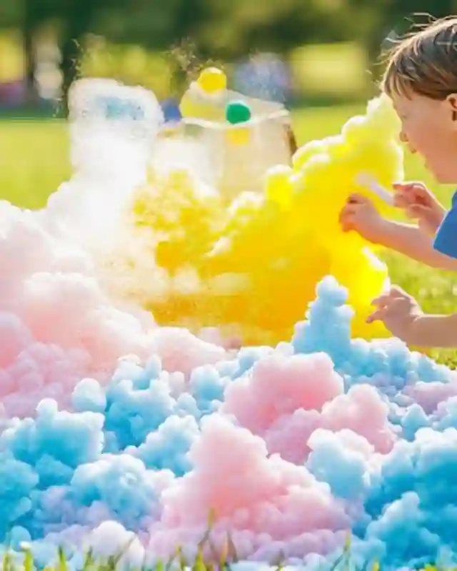 Joyful Child Playing with Colorful Foam Outdoors A joyful child playing outdoors with colorful pastel foam, with vibrant yellow, pink, and blue bubbles in a grassy park setting.