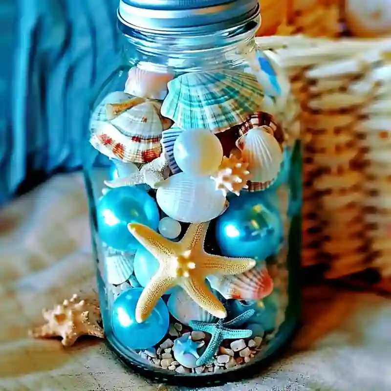 Nautical Jar of Shells and Starfish A glass jar filled with blue pearls, starfish, and various seashells, resting on a fabric surface.