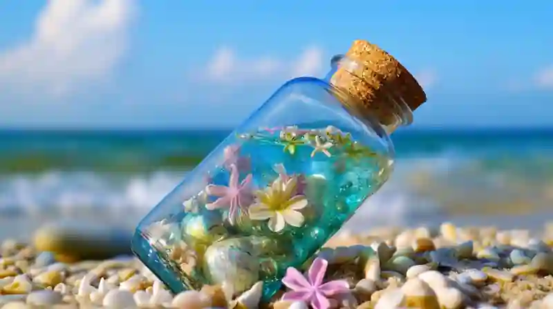 Dive into Calm with a Sea in a Bottle Sensory Bottle 4 A corked glass bottle filled with shells, flowers, and blue liquid resting on a beach with ocean waves in the background.