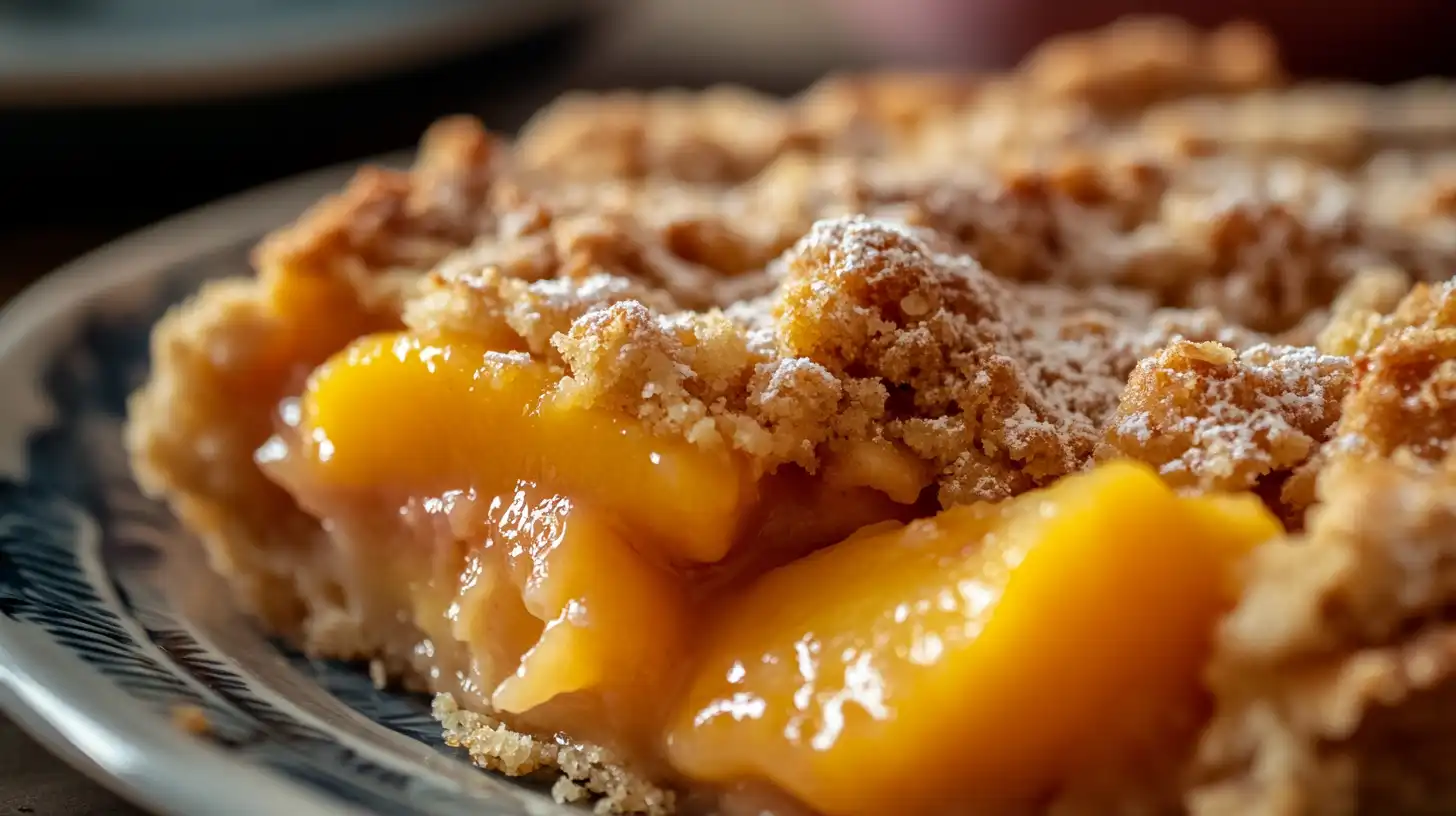 Slice of Peach Cobbler with Crumb Topping Close-up slice of peach cobbler with golden crust and juicy peach filling, served on a patterned plate.