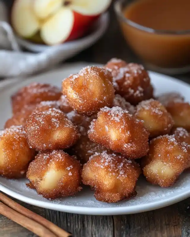 Fried custard-filled donut balls coated in cinnamon sugar, served with apple slices and caramel dip
