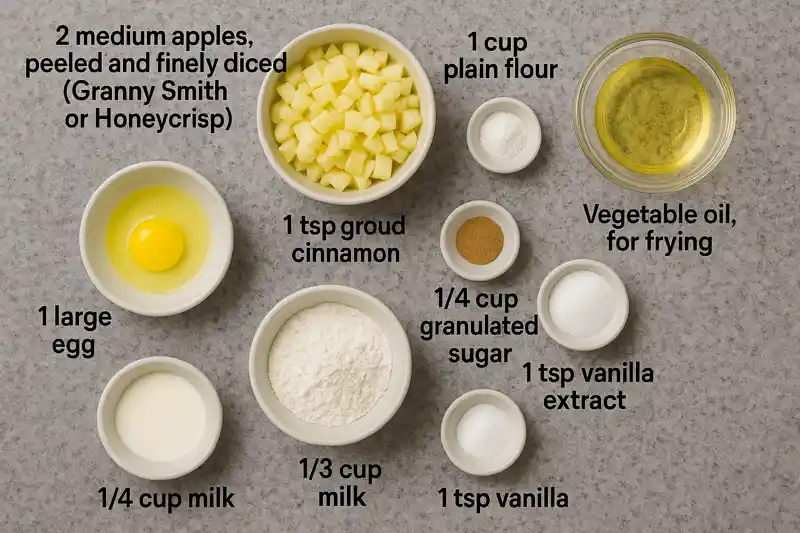 Flat lay of diced apples, flour, egg, sugar, vanilla, cinnamon, and oil for apple donuts