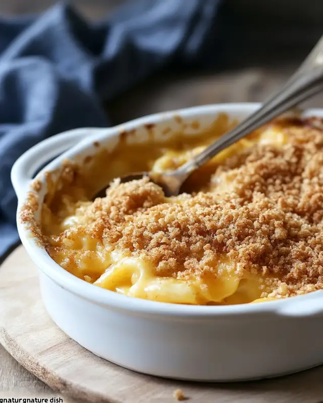 baked-mac-and-cheese Casserole dish of baked mac and cheese topped with golden brown breadcrumbs