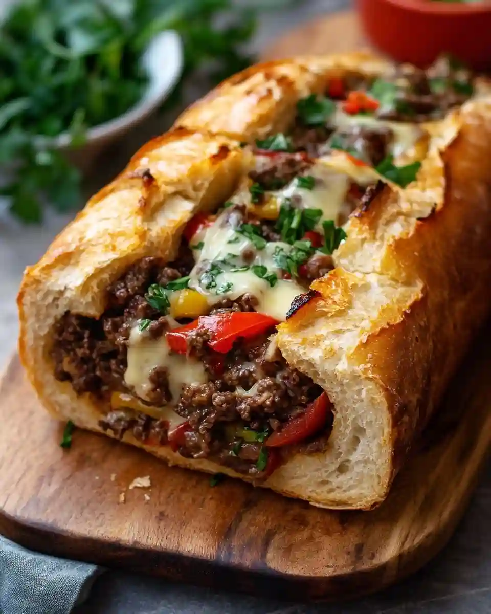 Stuffed bread loaf filled with ground beef, melted cheese, red and yellow peppers, and parsley