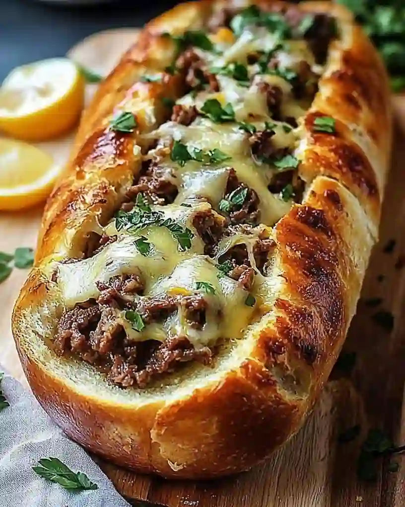 Cheesy Stuffed Philly-Style Bread Loaf 2 Freshly baked bread loaf stuffed with cheesy beef and topped with herbs