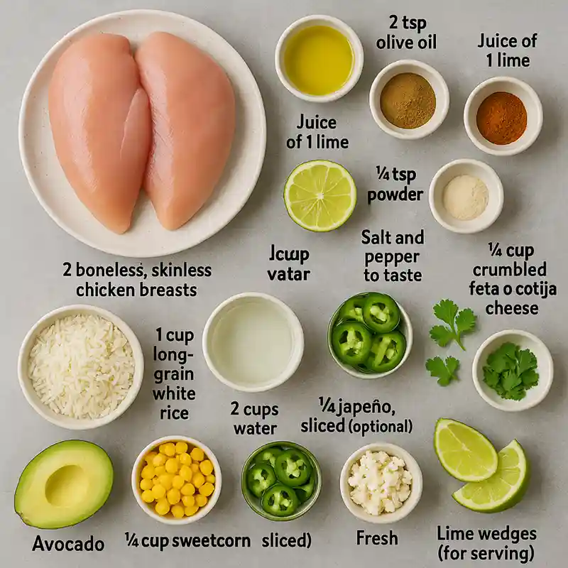 Ingredients for grilled chicken burrito bowl including chicken breasts, rice, avocado, lime, jalapeños, corn, and seasonings