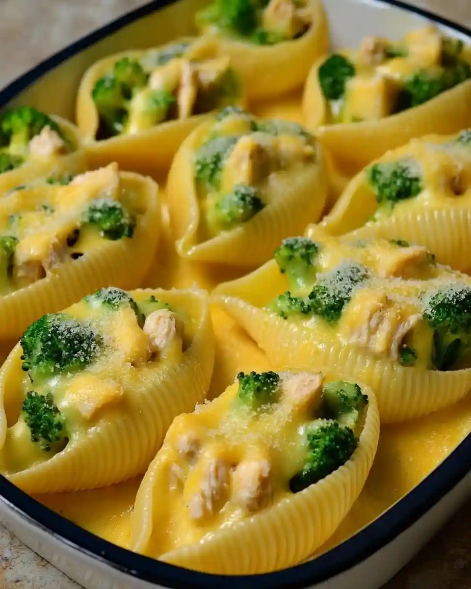 chicken-broccoli-cheese-pasta-shells Baked pasta shells filled with chicken, broccoli, and melted cheese