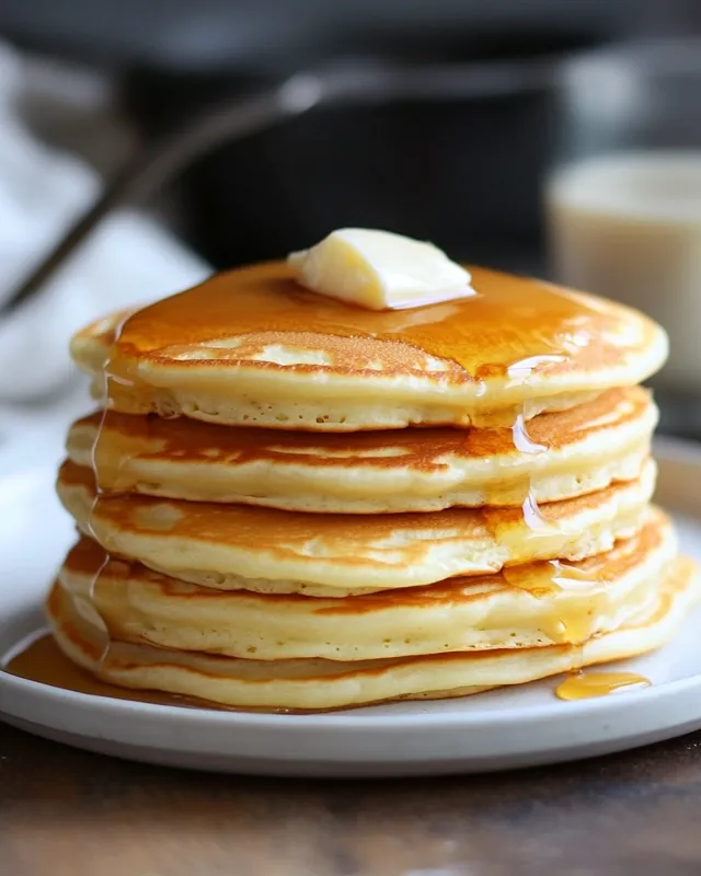 classic-fluffy-pancakes Tall stack of fluffy pancakes topped with melting butter and drizzled maple syrup