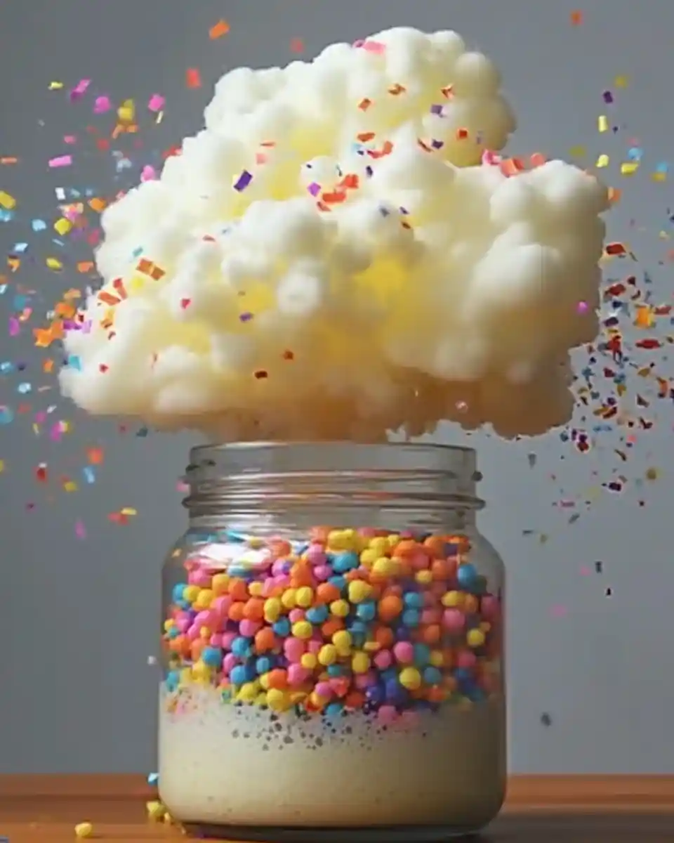 colorful-confetti-jar-explosion Jar filled with colorful foam balls and bursting confetti cloud