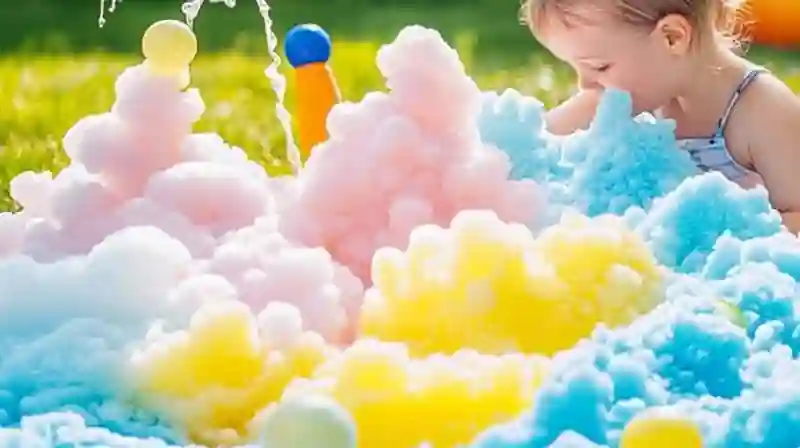 Make Playtime Magical with DIY Bubble Foam Play 4 A young child playing outdoors with colorful pastel foam bubbles in blue, pink, and yellow.