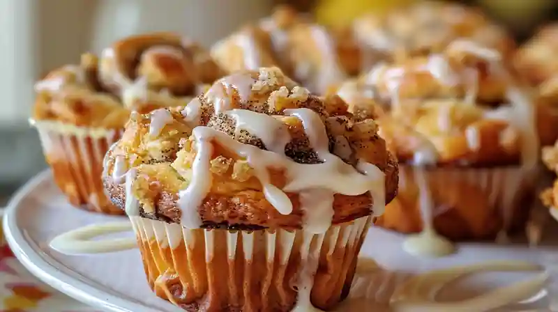 Cinnamon Roll Muffins Recipe 3 A close-up of a freshly baked cinnamon muffin topped with icing and streusel on a white plate.