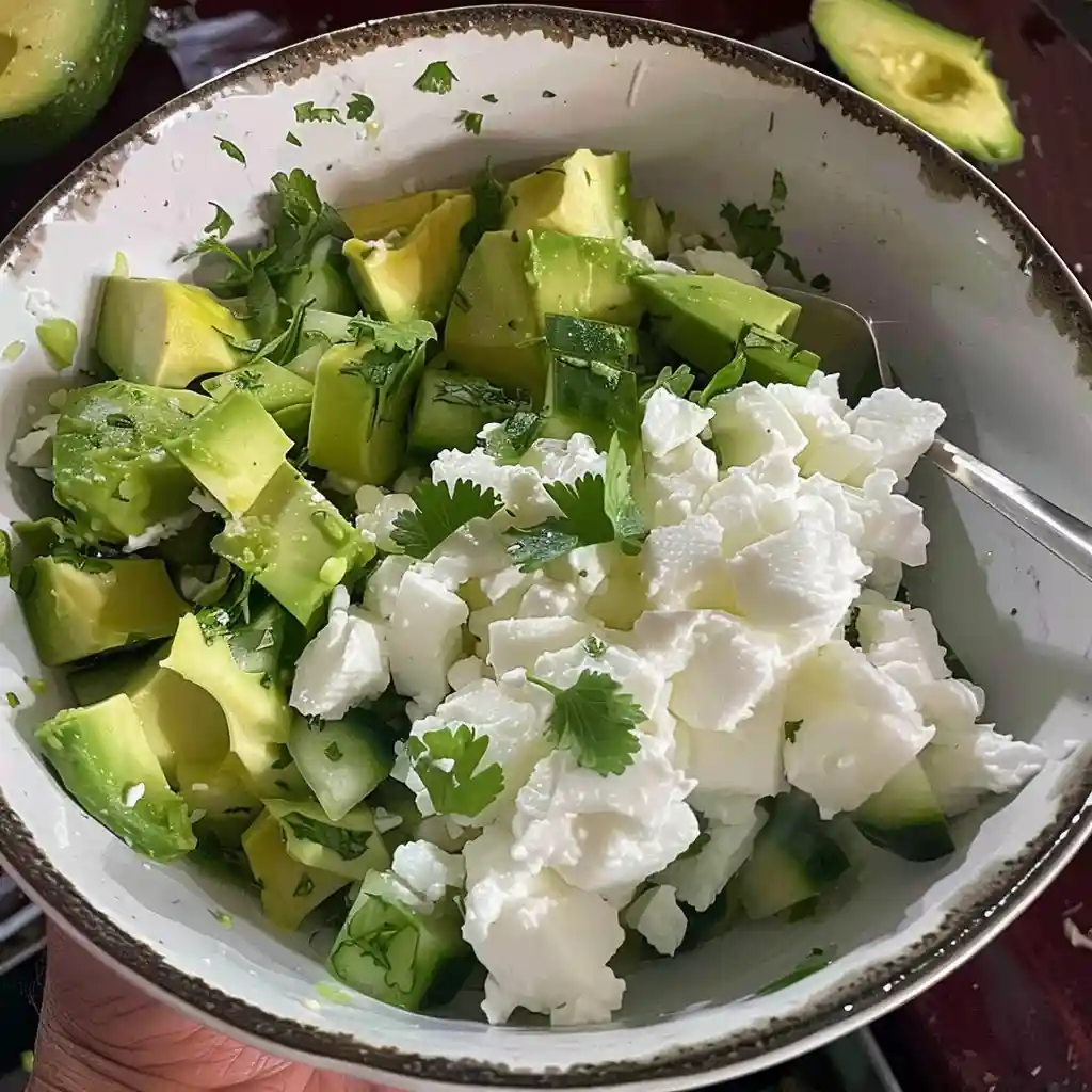 Avocado Feta Salad with Olive Oil Bowl of avocado, feta cheese, and cilantro with olive oil
