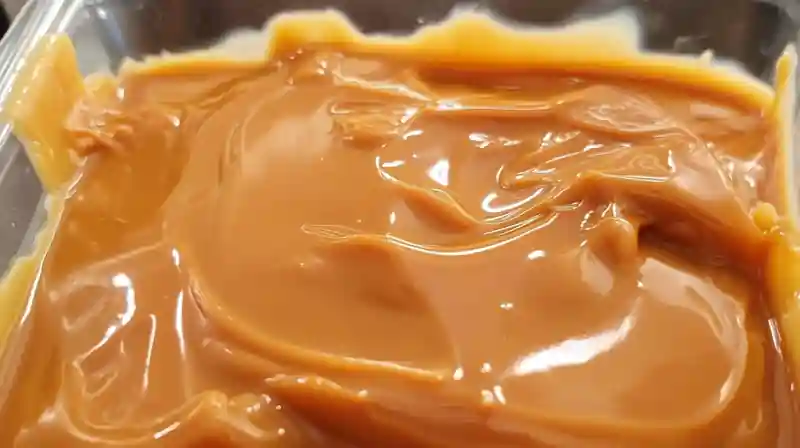 How to Make Slow Cooker Condensed Milk Caramel (Dulce de Leche) 4 Spoon scooping caramel from an opened can of cooked condensed milk
