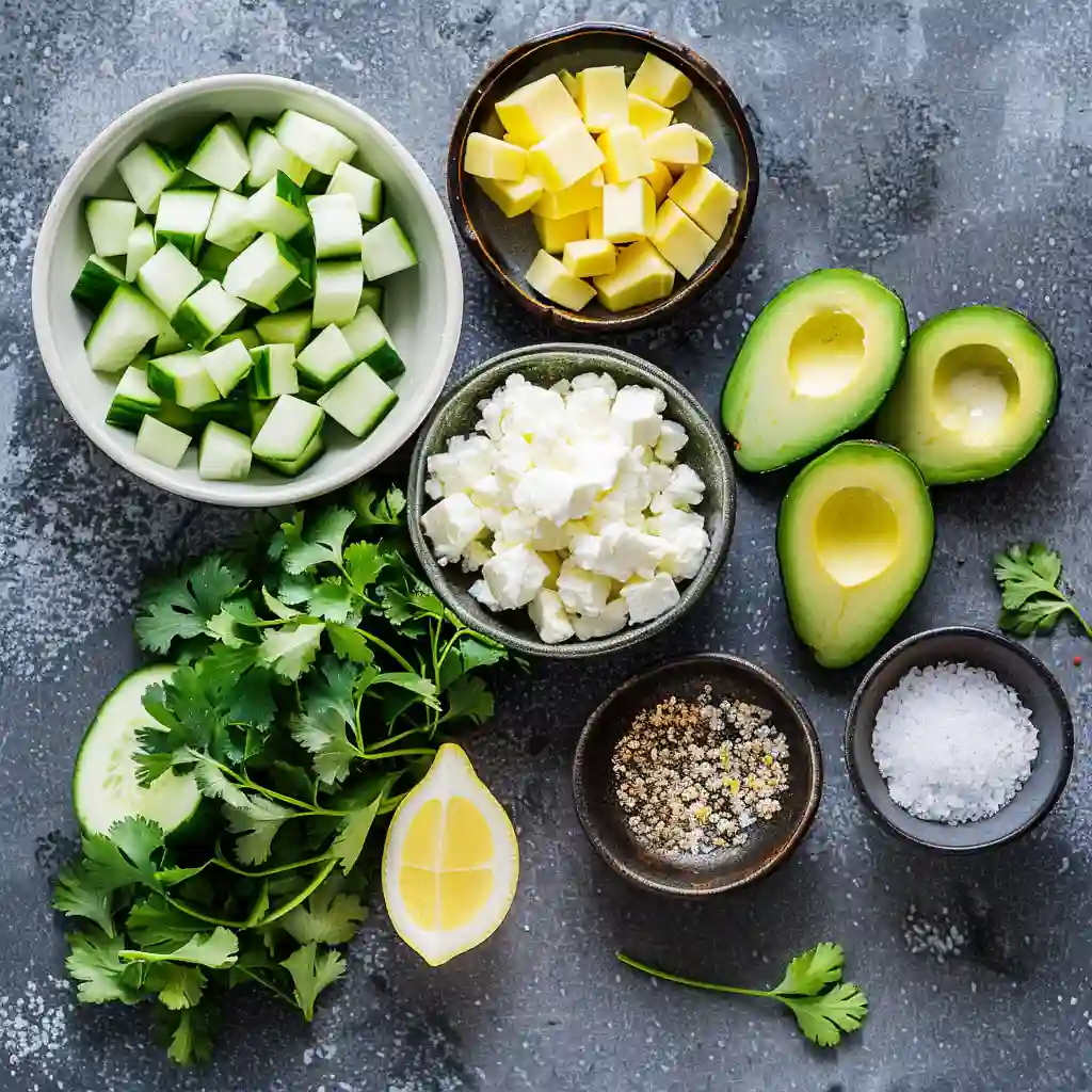 Ingredients for Avocado and Cheese Salad Top-down view of salad ingredients including avocado, cucumber, cheese, herbs, lemon, salt, and pepper
