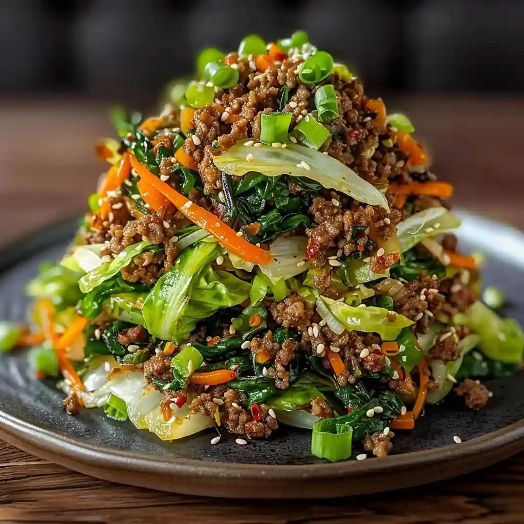Healthy Chinese Ground Beef and Cabbage Stir Fry Stack 4 Close-up of a stir-fried minced meat and vegetable dish garnished with sesame seeds