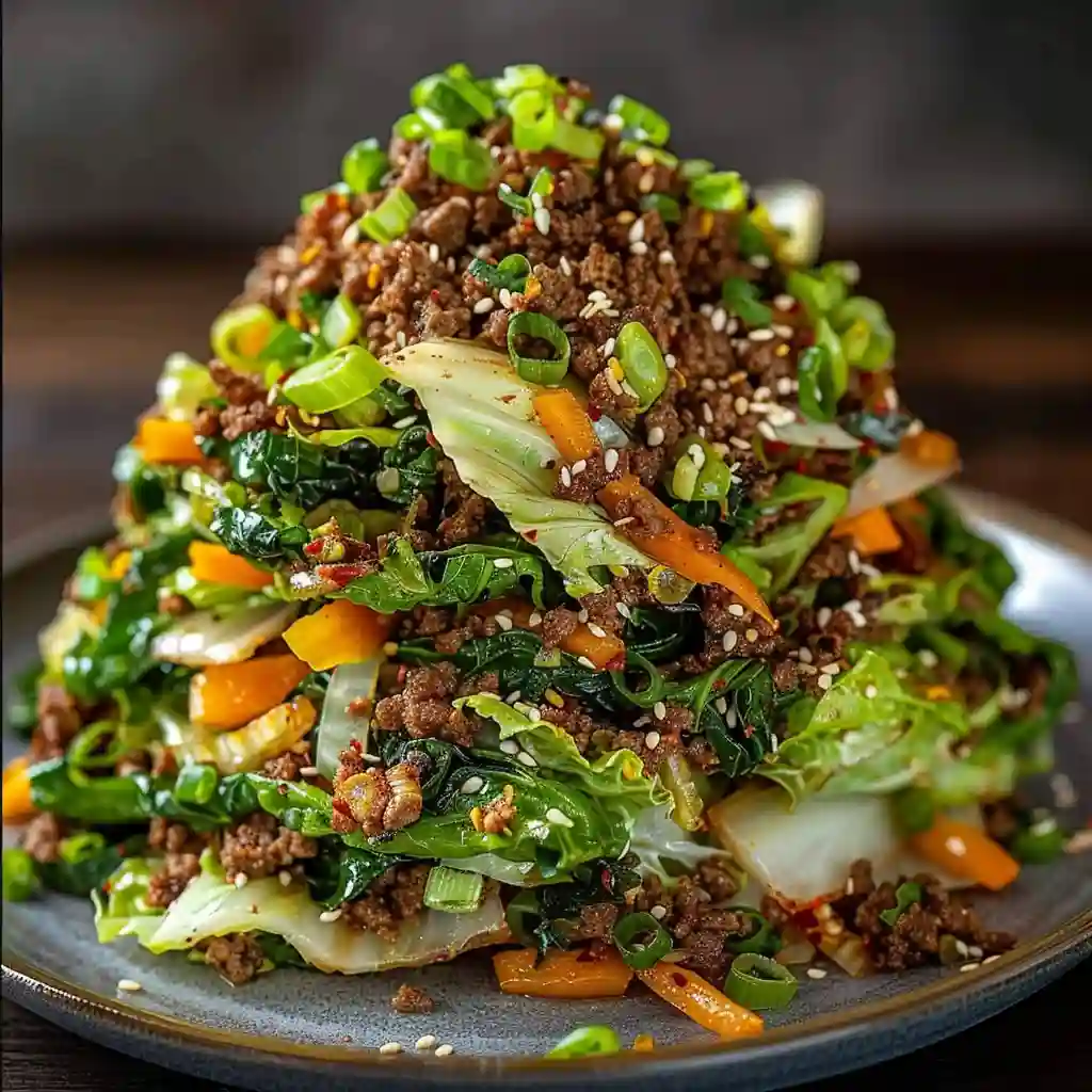 Stir-Fried Ground Meat and Vegetable Pile Heaping plate of stir-fried minced meat with vegetables, garnished with scallions and sesame seeds