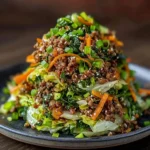 Healthy Chinese Ground Beef and Cabbage Stir Fry Stack 5 Hearty plate of stir-fried ground meat with vegetables and sesame seeds