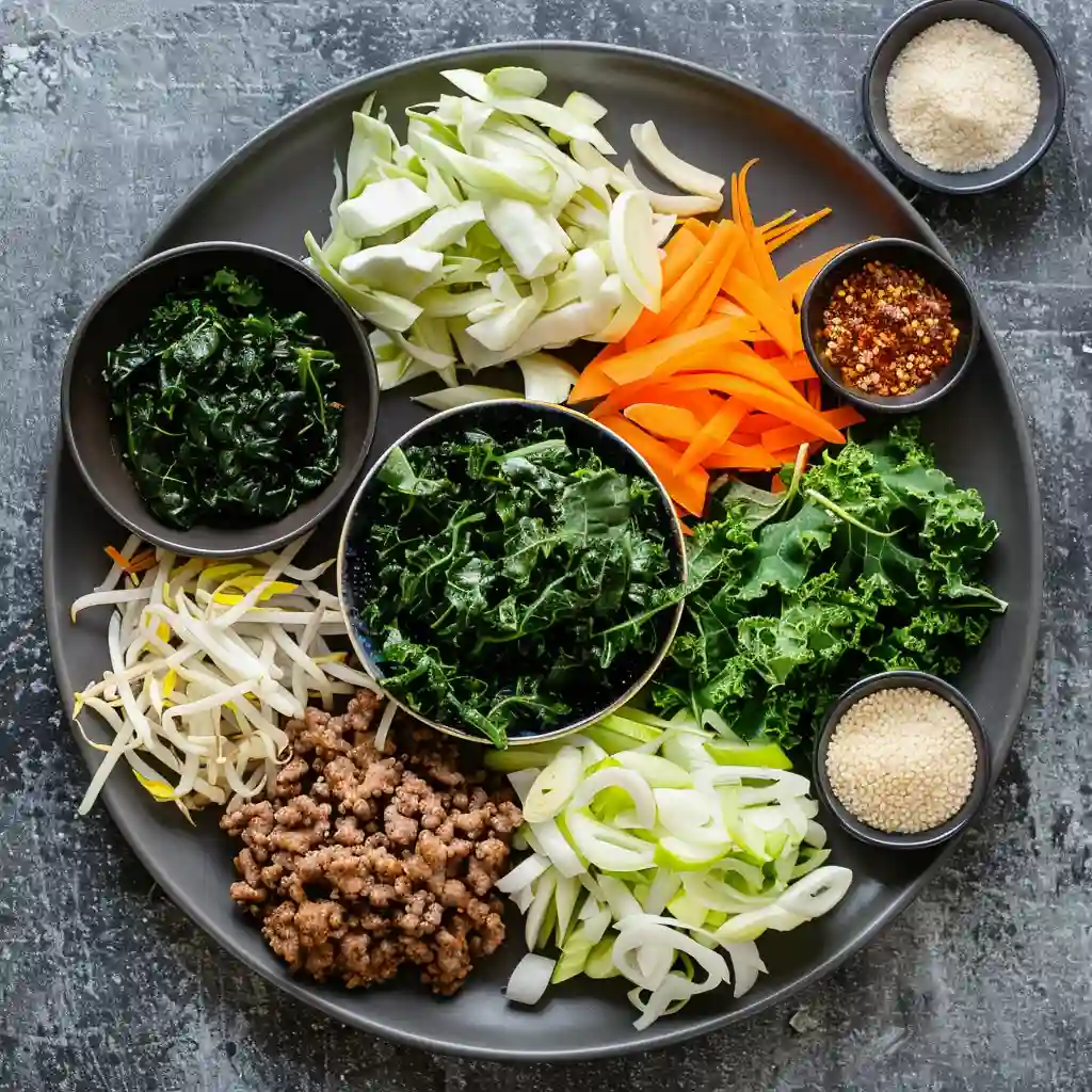 Asian Stir-Fry Ingredient Prep Top-down view of ingredients for an Asian stir-fry dish, including kale, carrots, cabbage, and ground meat