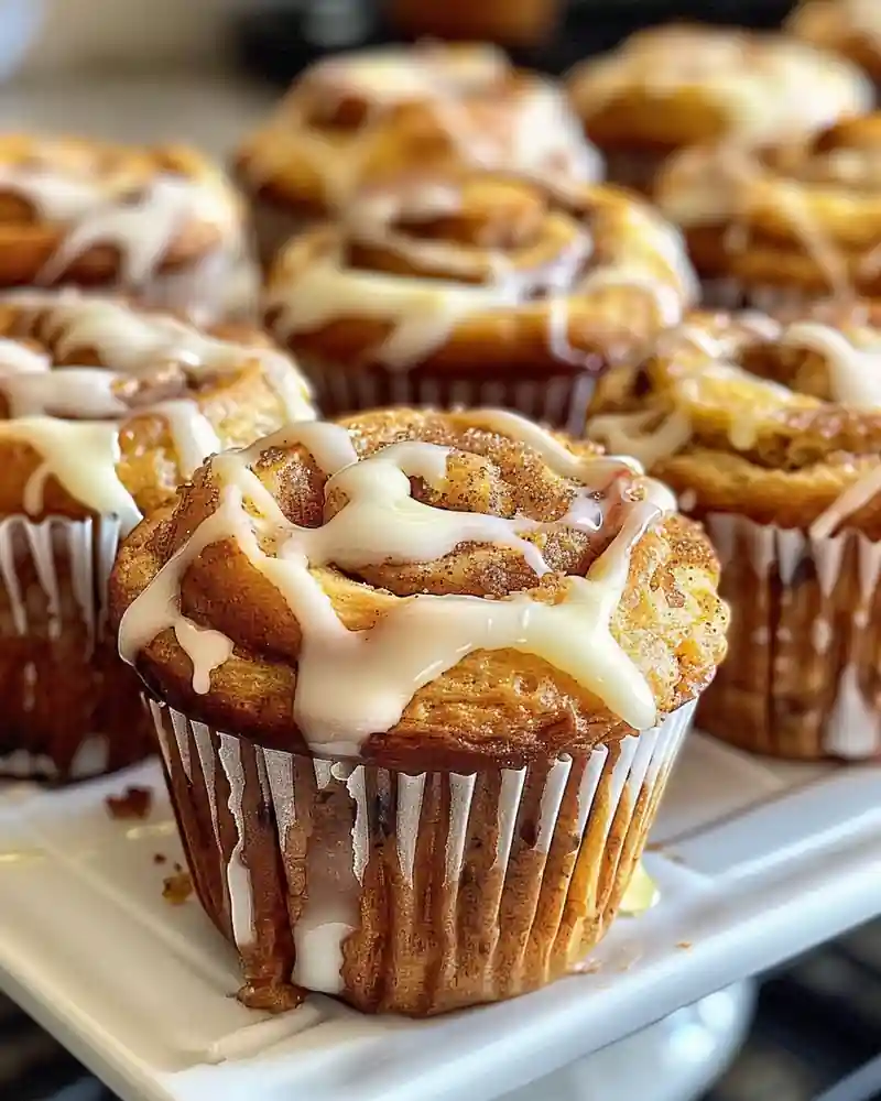 Cinnamon Roll Muffins with Icing Cinnamon roll muffins topped with icing, arranged closely on a white platter.