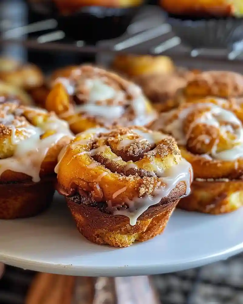 Homemade Cinnamon Rolls with Icing Close-up of cinnamon rolls with icing served on a white cake stand.