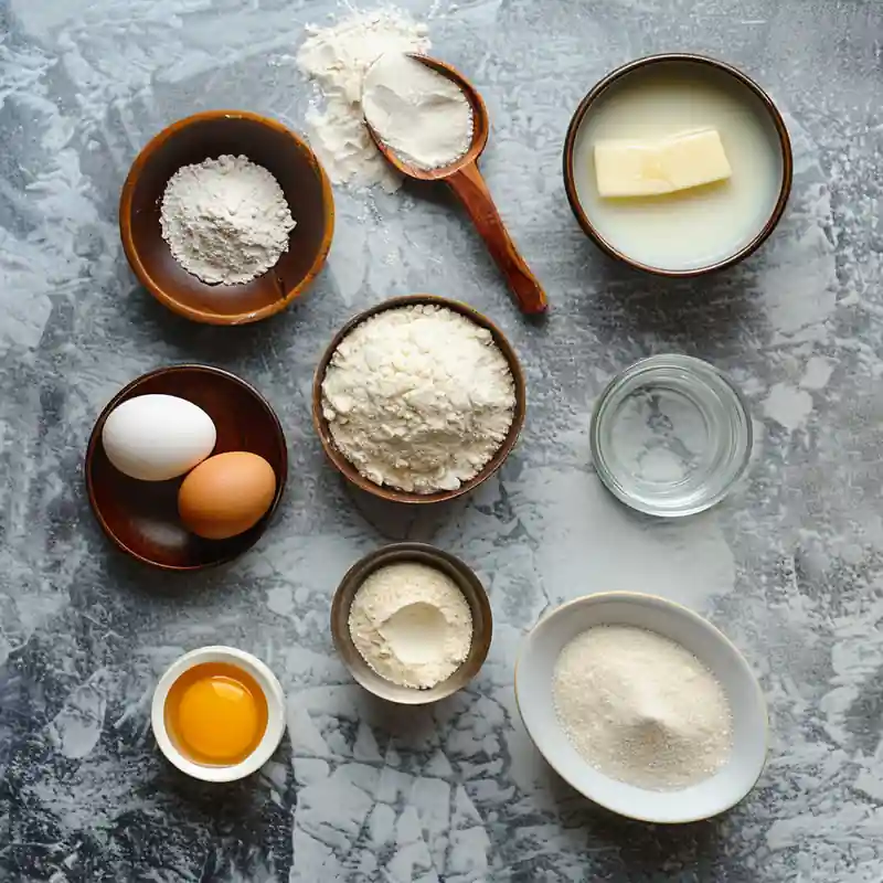 Baking Ingredients Flat Lay Top-down view of baking ingredients in small bowls on a gray marble surface.