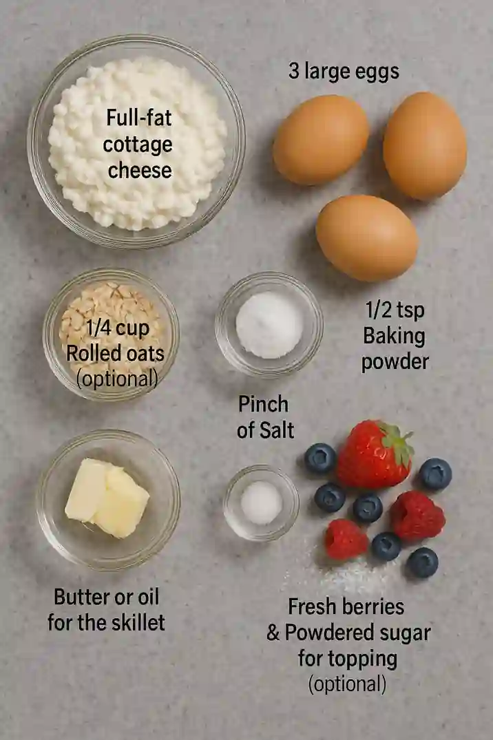 cottage-cheese-pancake-ingredients Flat-lay of pancake ingredients including cottage cheese, eggs, oats, and fresh berries