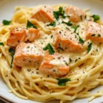 Dive Into Comfort: Creamy Garlic Salmon Pasta 3 Plate of creamy salmon pasta with spaghetti, herbs, and black pepper