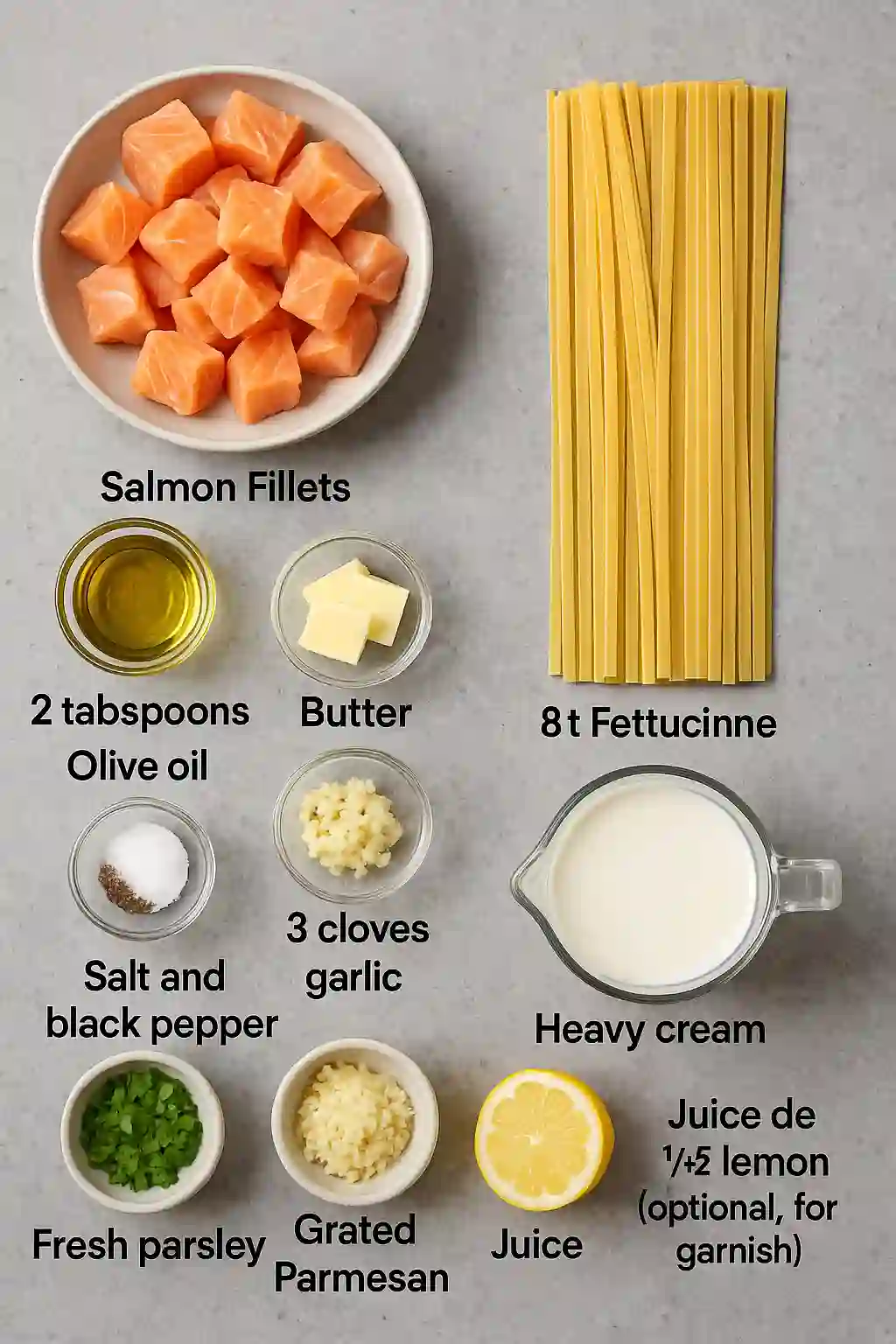 creamy-salmon-pasta-ingredients (1) Flat lay of creamy salmon pasta ingredients including salmon cubes, fettuccine, cream, herbs, and lemon