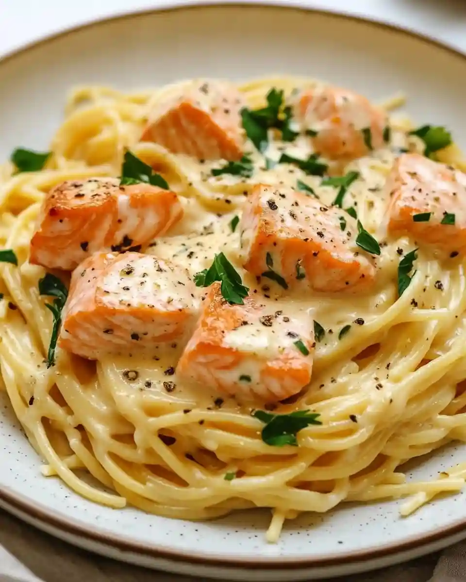 creamy-salmon-pasta Plate of creamy salmon pasta with spaghetti, herbs, and black pepper