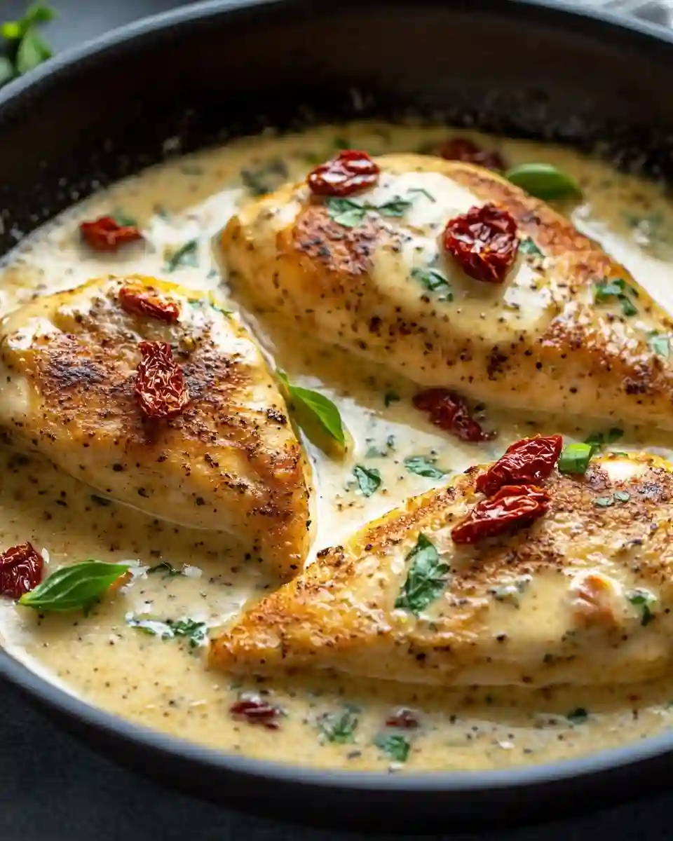 Creamy Tuscan chicken breast in garlic parmesan sauce with sun-dried tomatoes and basil