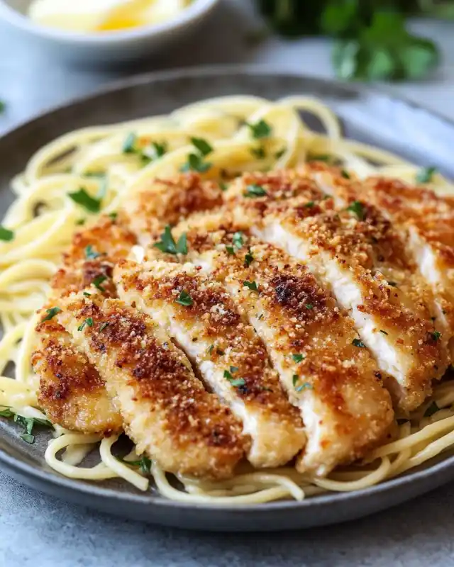 Golden breaded chicken slices served over a bed of spaghetti pasta garnished with parsley