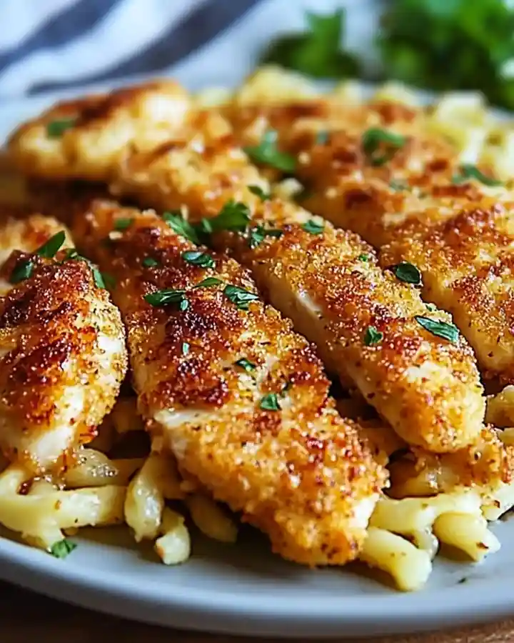 Crispy Garlic Chicken Cutlets with Pasta 2 Golden crispy chicken tenders served over creamy macaroni pasta