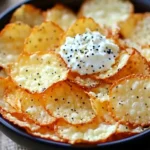 Cottage Cheese Chips: High-Protein, Low-Carb Crunch for Guilt-Free Snacking 3 Bowl of golden crispy parmesan cheese chips topped with creamy dip and black sesame seeds