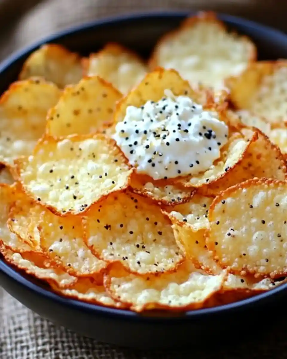crispy-parmesan-chips Bowl of golden crispy parmesan cheese chips topped with creamy dip and black sesame seeds