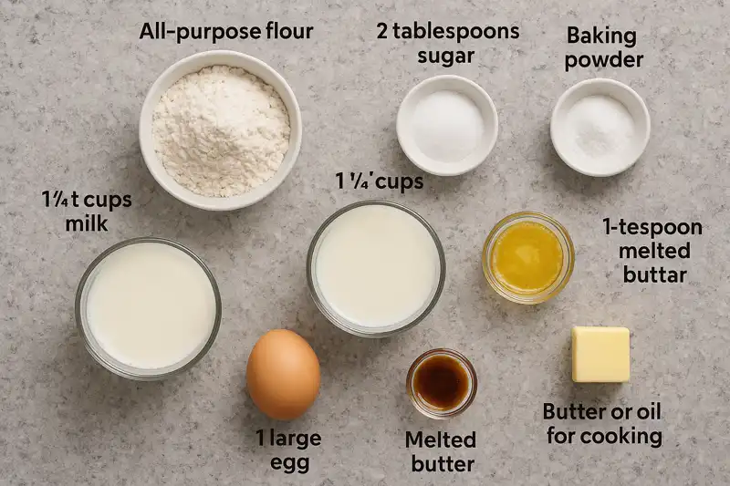 fluffy-pancake-ingredients (1) Flat lay of ingredients for fluffy pancakes including flour, milk, egg, butter, and sugar