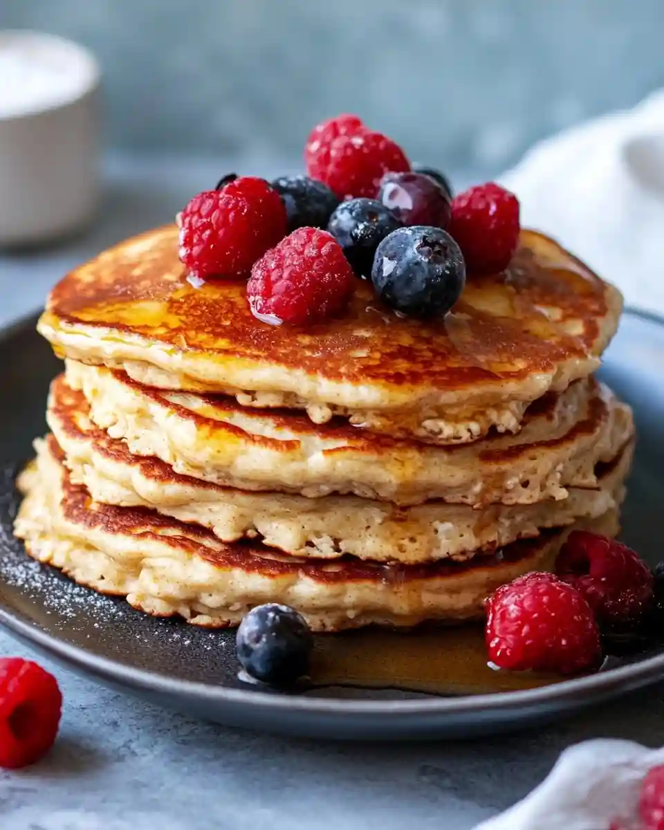 fluffy-pancakes-with-syrup-berries Stack of fluffy pancakes with syrup, raspberries, and blueberries on a dark plate