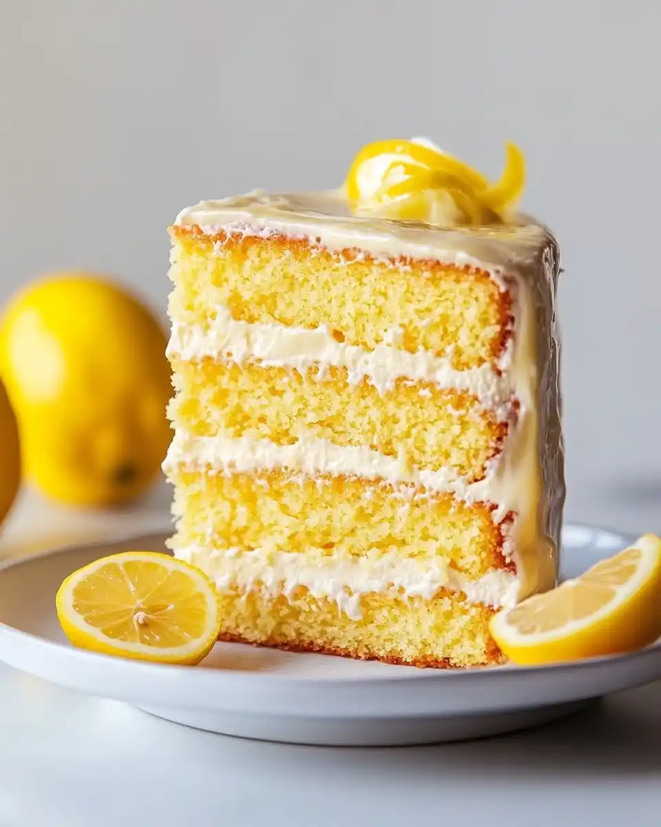 four-layer-lemon-cake-slice Slice of lemon cake with four layers and creamy lemon frosting on white plate