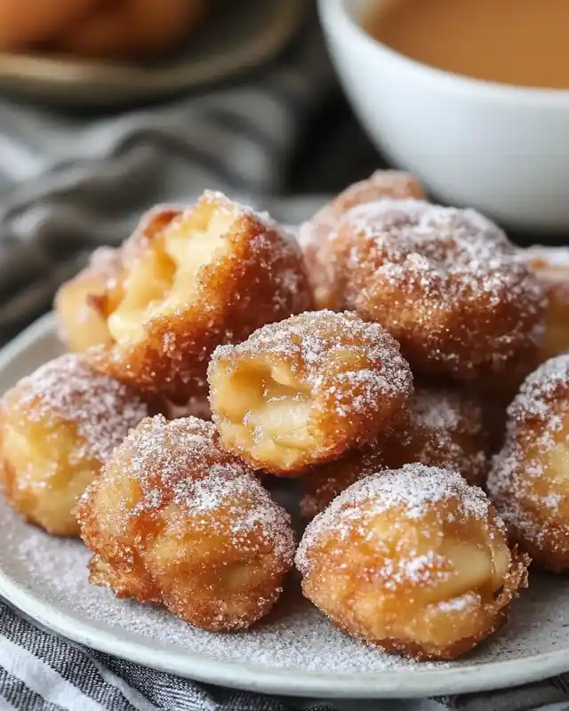 Golden fried custard-filled donut balls dusted with powdered sugar on a plate